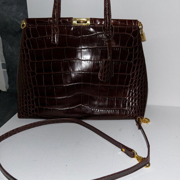 Cognac Embossed Leather Handle Bag, Made in Italy - Picture 4 of 6